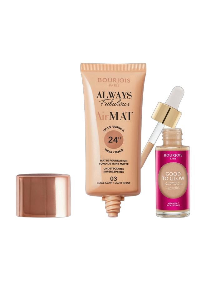 BOURJOIS PARIS Always Fabulous Air Mat Foundation - 003 - Light Beige, 30ml & Bourjois Good to Glow Illuminating Complexion Booster - 002, 30ml Bundle - Image 1